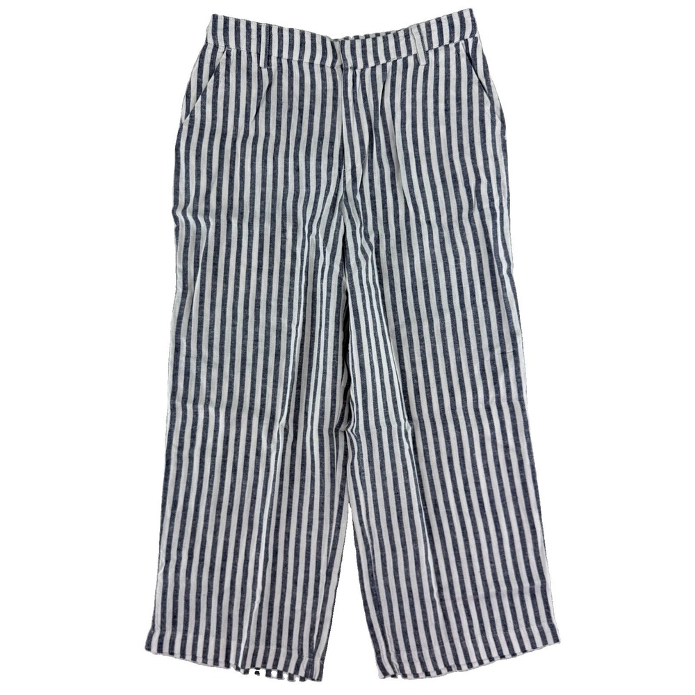 Candace Cameron Bure Wide Leg Linen Blend Crop Pants 2P Blue White Striped